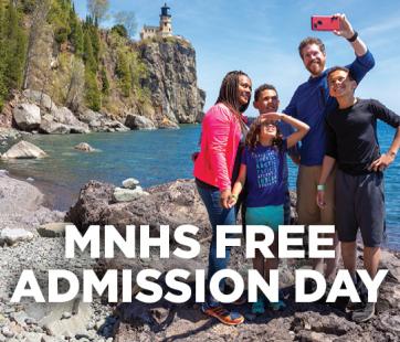 Text reading "MNHS Summer Free Admission Day" over an image of a family taking a selfie along the water beneath Split Rock Lighthouse