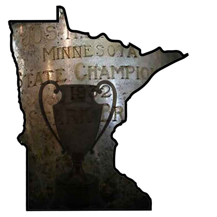 Silhouette of Minnesota filled in with a old-timey trophy for background
