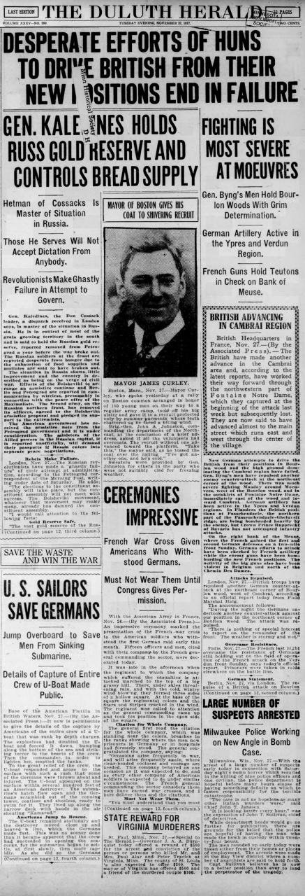 Desperate Efforts of Huns To Drive British From Their New Positions End In  Failure" and "U.S. Sailors Save Germans" - The Duluth Herald. November 27,  1917 | Minnesota Historical Society