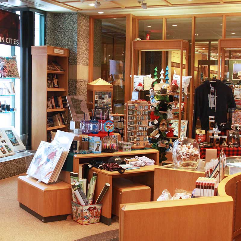 Posters, t-shirts, keychains, and gifts on display in the Minnesota History Center gift shop.