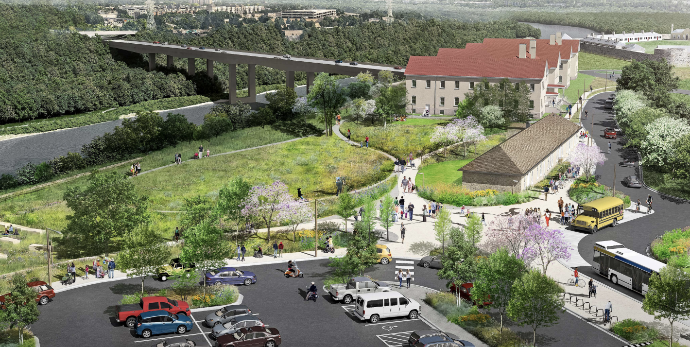 Aerial view of historic fort snelling.