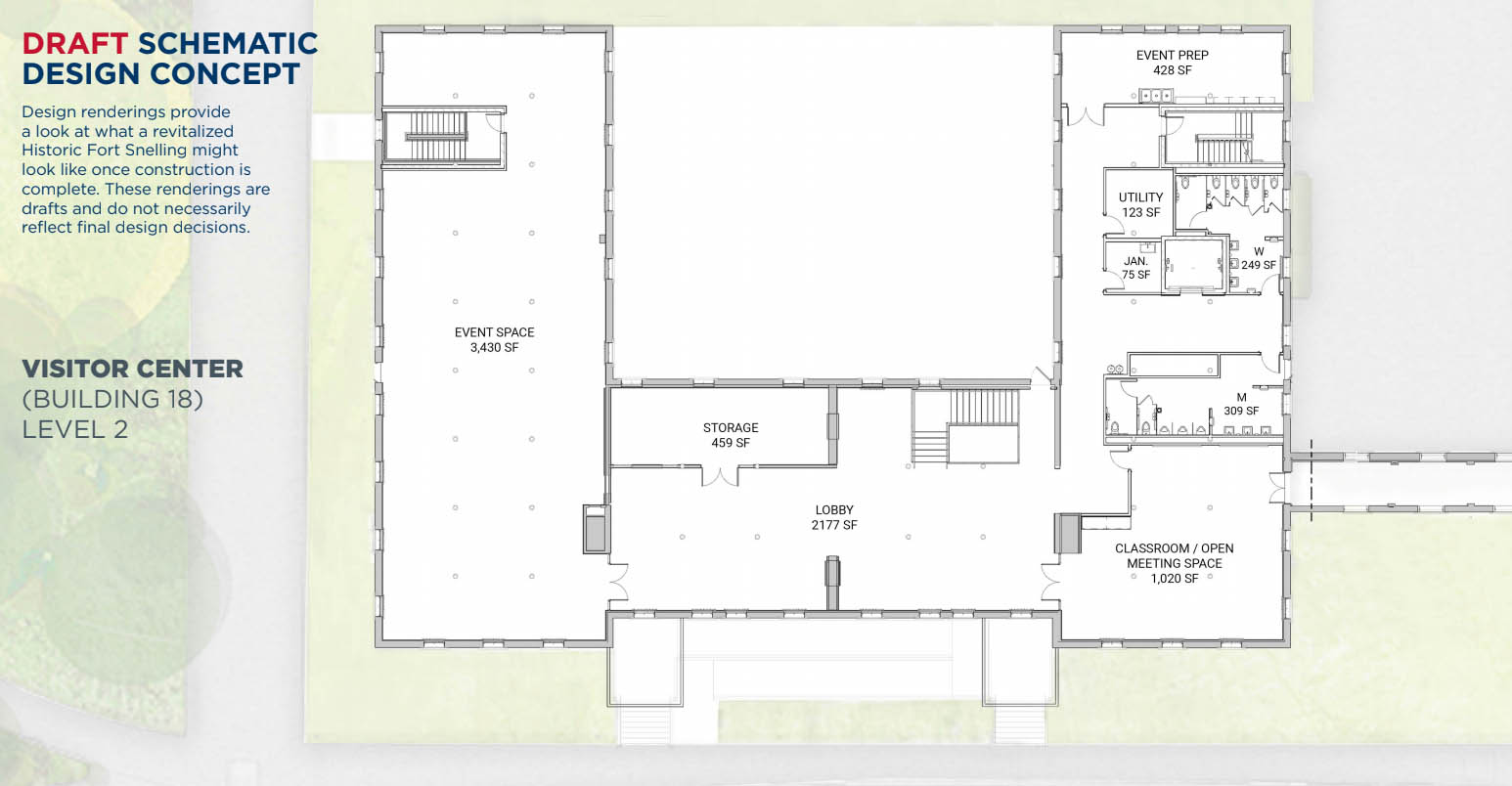 Concept drawing of second floor of Historic Fort Snelling visitor center.