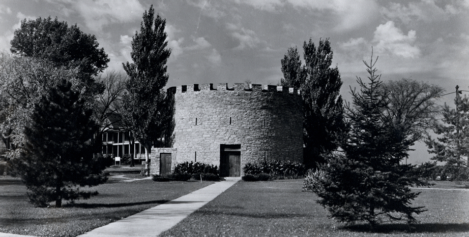 Black and white historic photo of the round tower