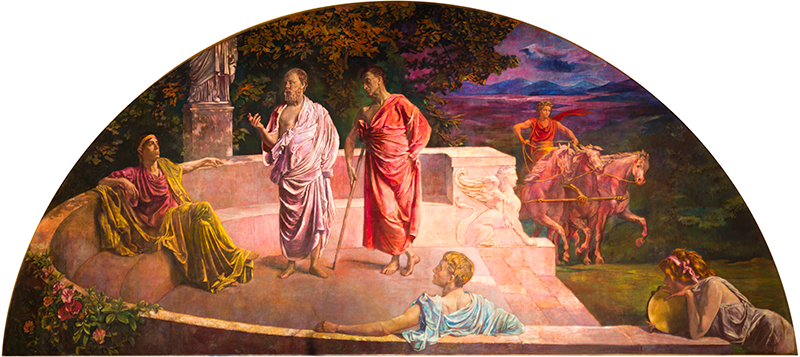 The fully restored mural of “The Relation of the Individual to the State,” one of four murals in the Supreme Court Chamber.