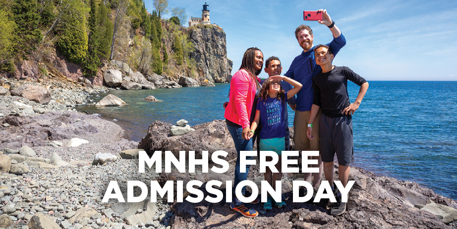 Text reading "MNHS Summer Free Admission Day" over an image of a family taking a selfie along the water beneath Split Rock Lighthouse
