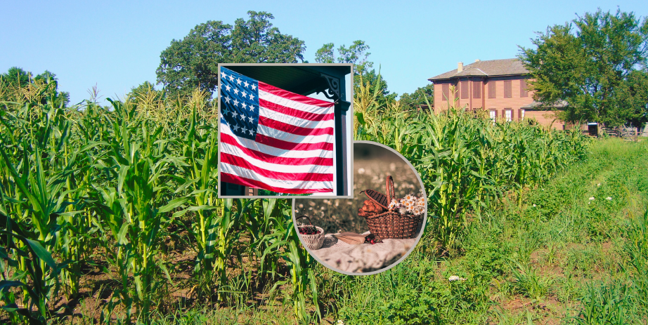 Image of an historic farm in the summer with additional thumbnails of picnic basket and American flag.