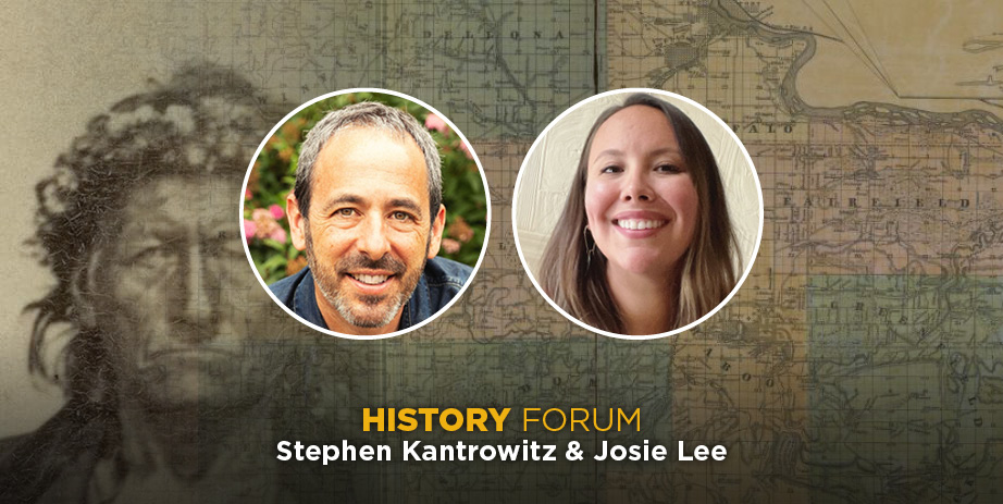 Author photos in front of historic portrait and map