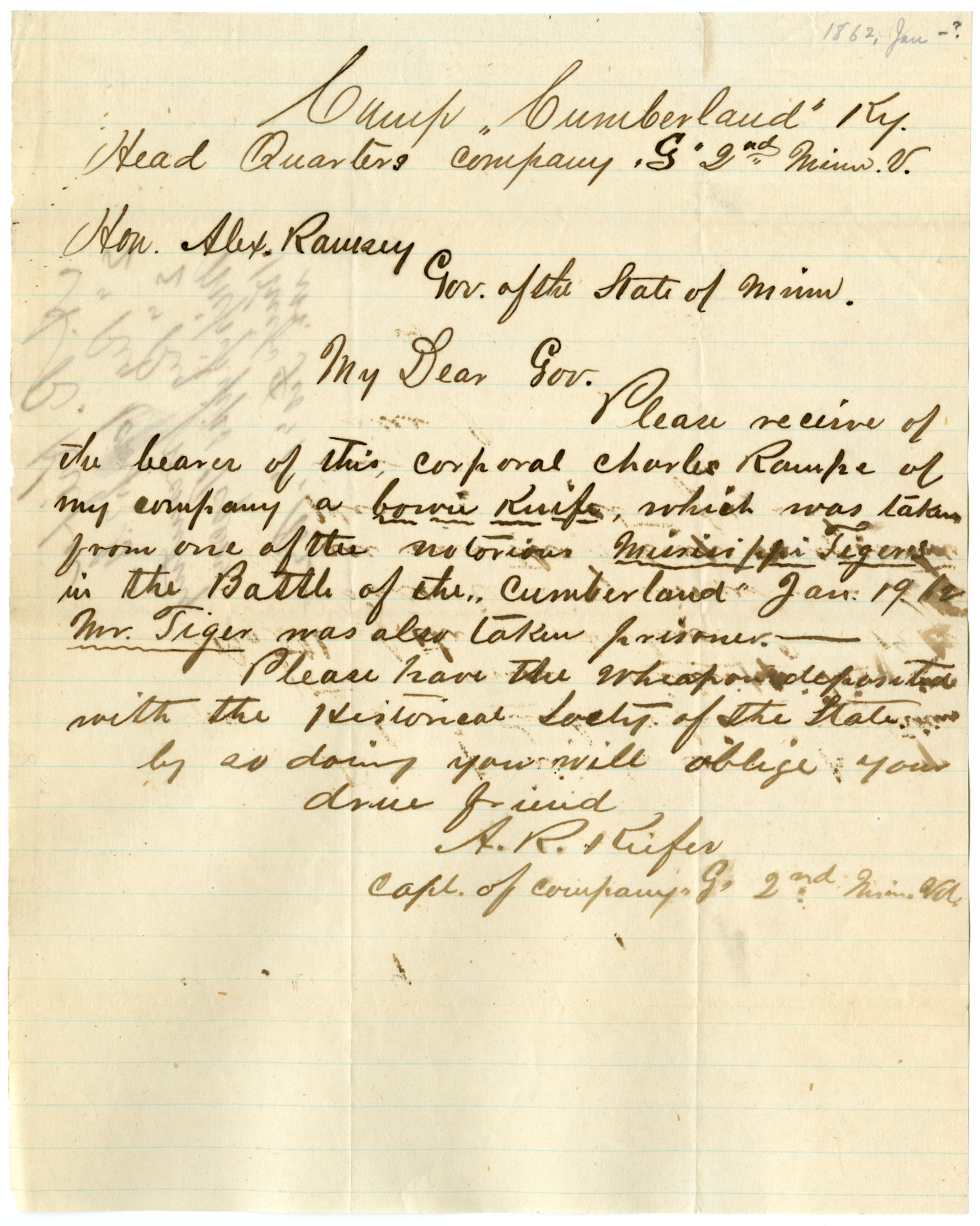 Letter describing a knife taken from a Mississippi Tiger and requesting ...