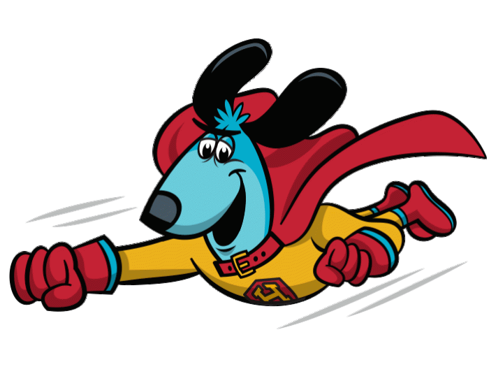Illustration of a dog in superhero costume flying through the air.