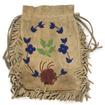 Leather drawstring bag decorated with floral beadwork.