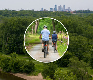 aerial view of Minneapolis skyline from Historic Fort Snelling with inset photo of people on bikes