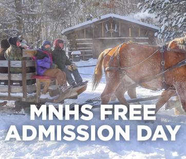 MNHS Free Admission Day text over an image of a horse-drawn sleigh ride