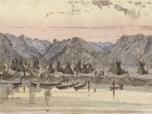Watercolor on paper depicting Wabasha’s village of Mdewakanton Dakota.